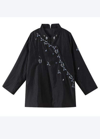 Black Mandarin Collar Embroidered Cotton Tops Fall