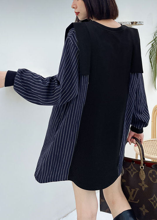Fitted Blue O-neck Patchwork Striped Fall Dress Long Sleeve