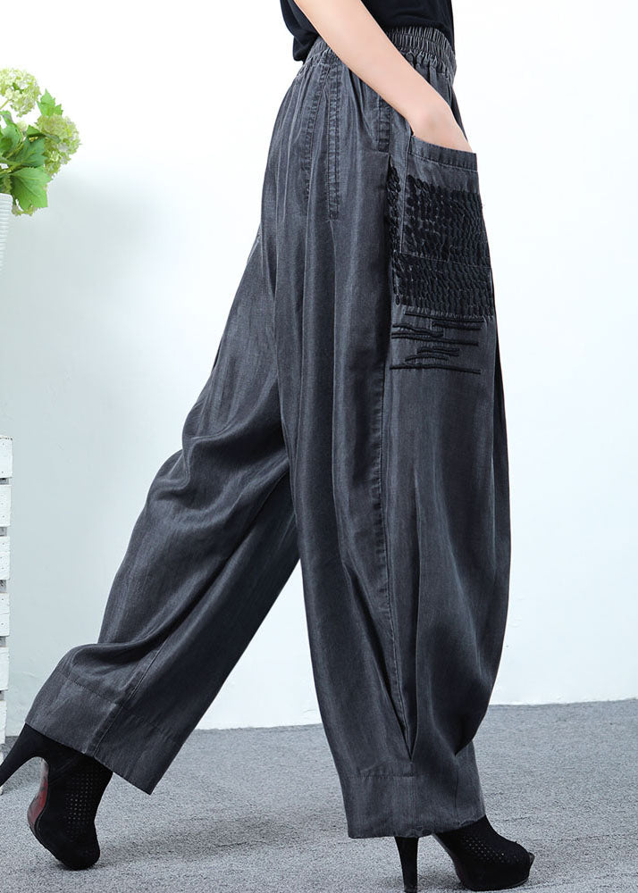 Classy Black Grey Pockets Wrinkled Denim Pants Spring