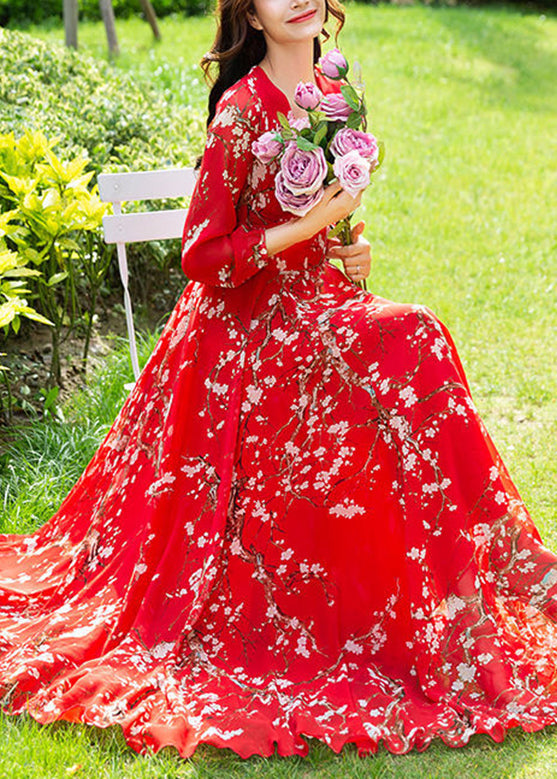 Fine Red Print Slim Chiffon Vacation Long Dresses Long Sleeve Fall
