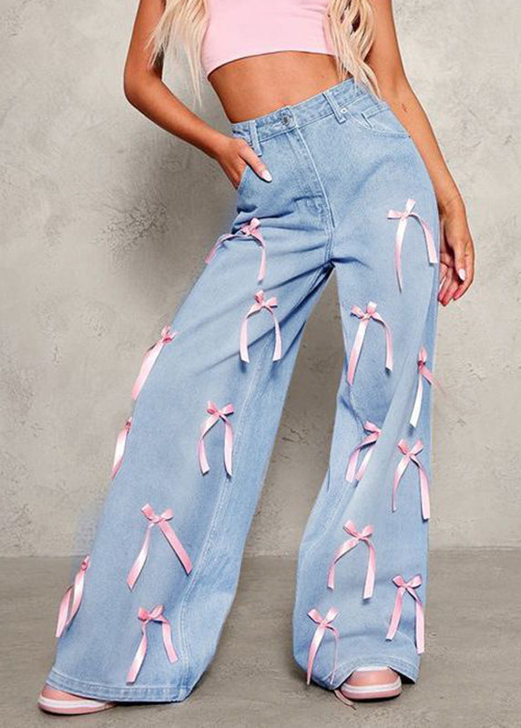 Blue Pockets Patchwork Bow Wide Leg Jeans