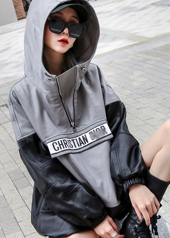 Black Grey Hooded Patchwork Drawstring Leather Pullover Coats Long Sleeve