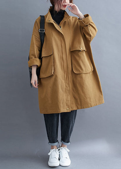 Khaki Zip Up Pockets Cotton Spring Coat