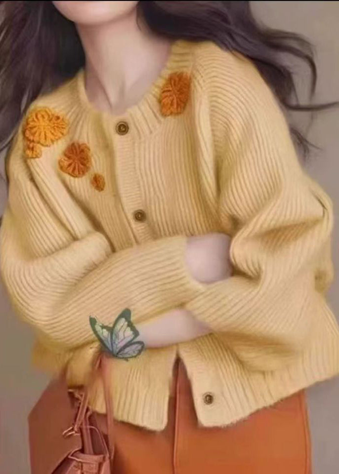 French Yellow Decorated Thick Knit Cardigan Winter