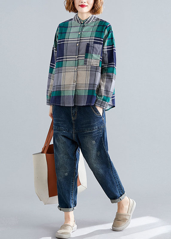 Art Green Pockets Button Patchwork Fall Plaid Long Sleeve Top