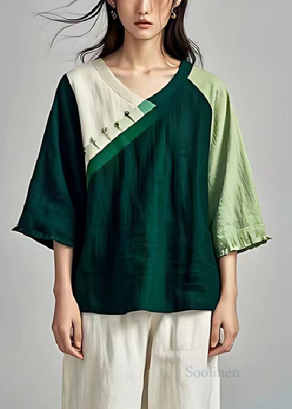 Blackish Green Oversized Patchwork Linen Shirts Summer
