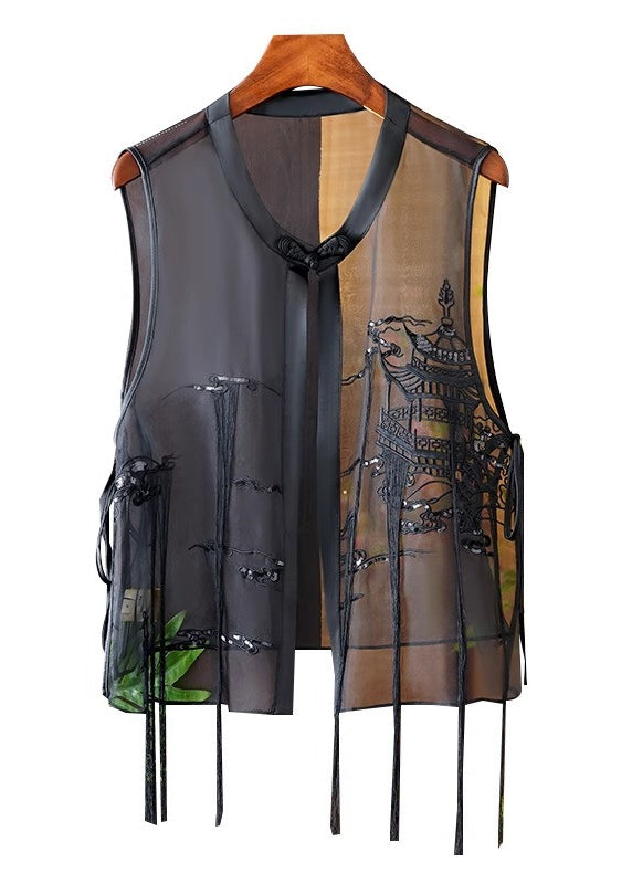 Modern Black O-neck Embroideried Silk Waistcoat Summer