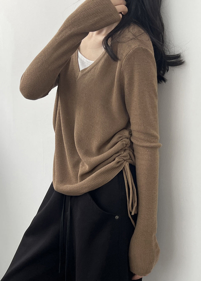 Coffee Cinched Knit Blouses V Neck Long Sleeve