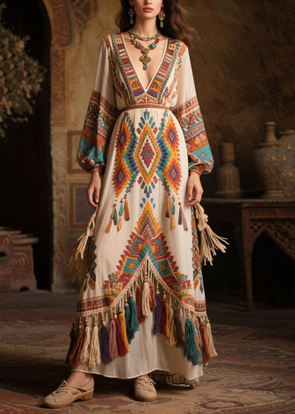 Style Tasseled Print Chiffon Vacation Dress Fall