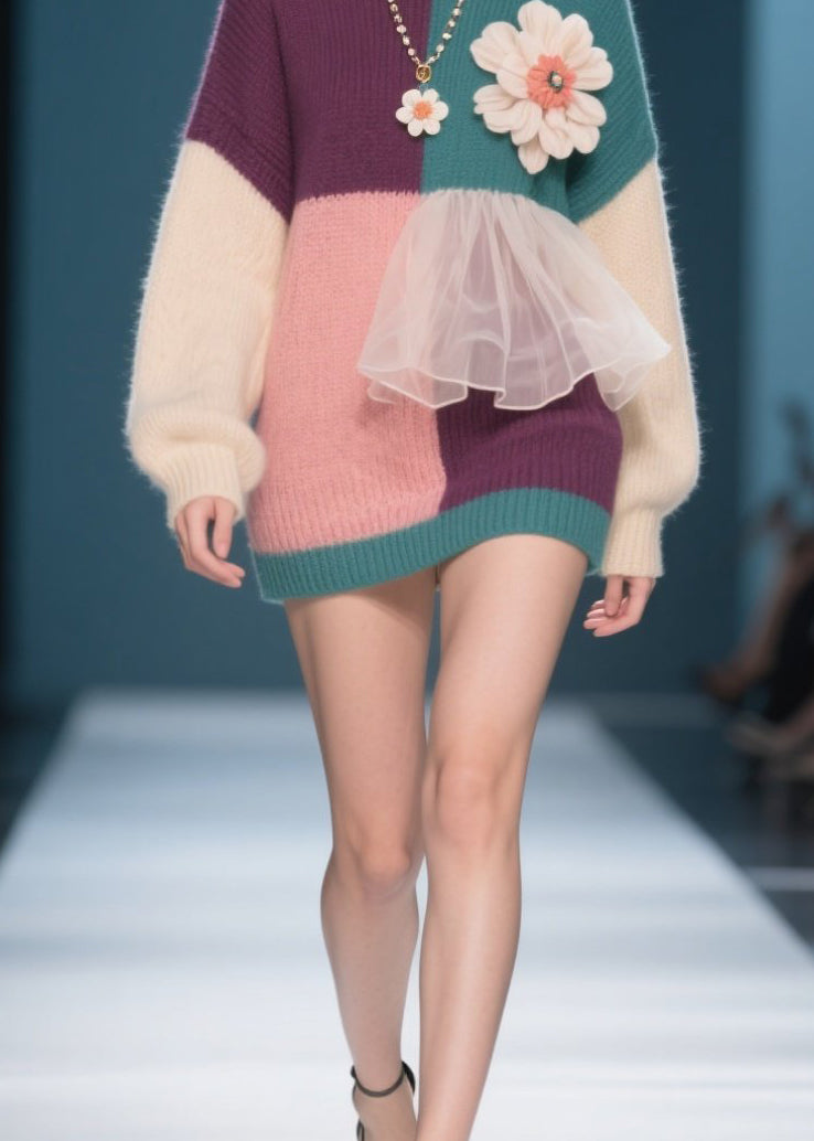 New Colorblock O Neck Tulle Patchwork Knit Pullover Fall