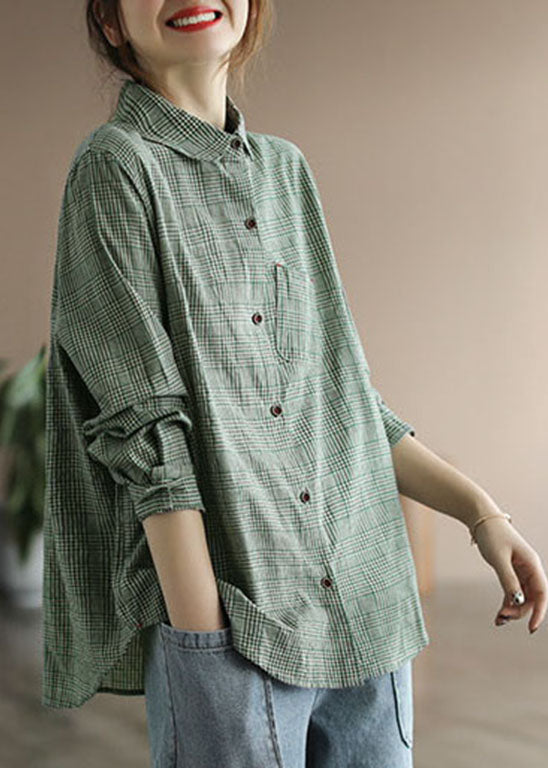 Green Button Peter Pan Collar Cotton Shirt Tops Long Sleeve