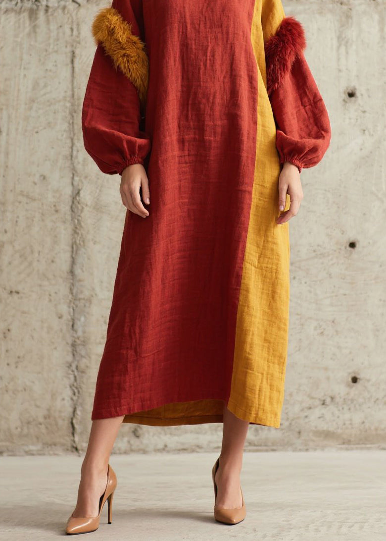 Colorblock O Neck Fuzzy Fur Patchwork Cotton Dress Fall