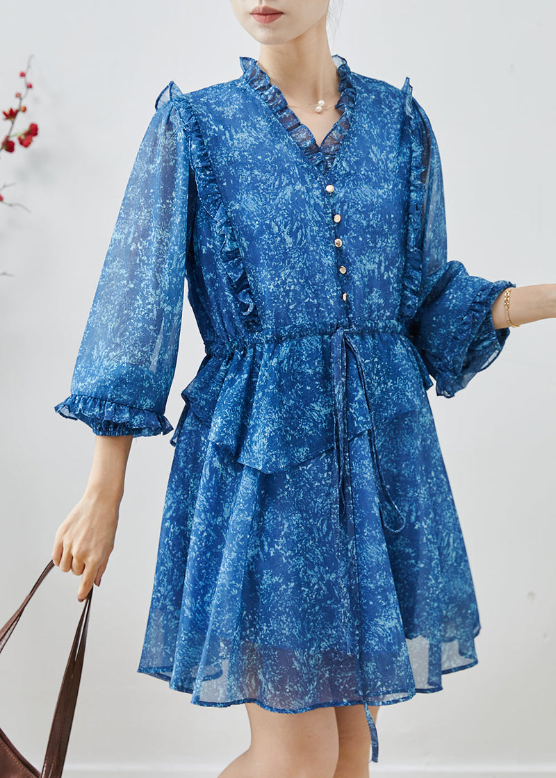 Stylish Blue Ruffled Print Chiffon Cinched Dresses Spring