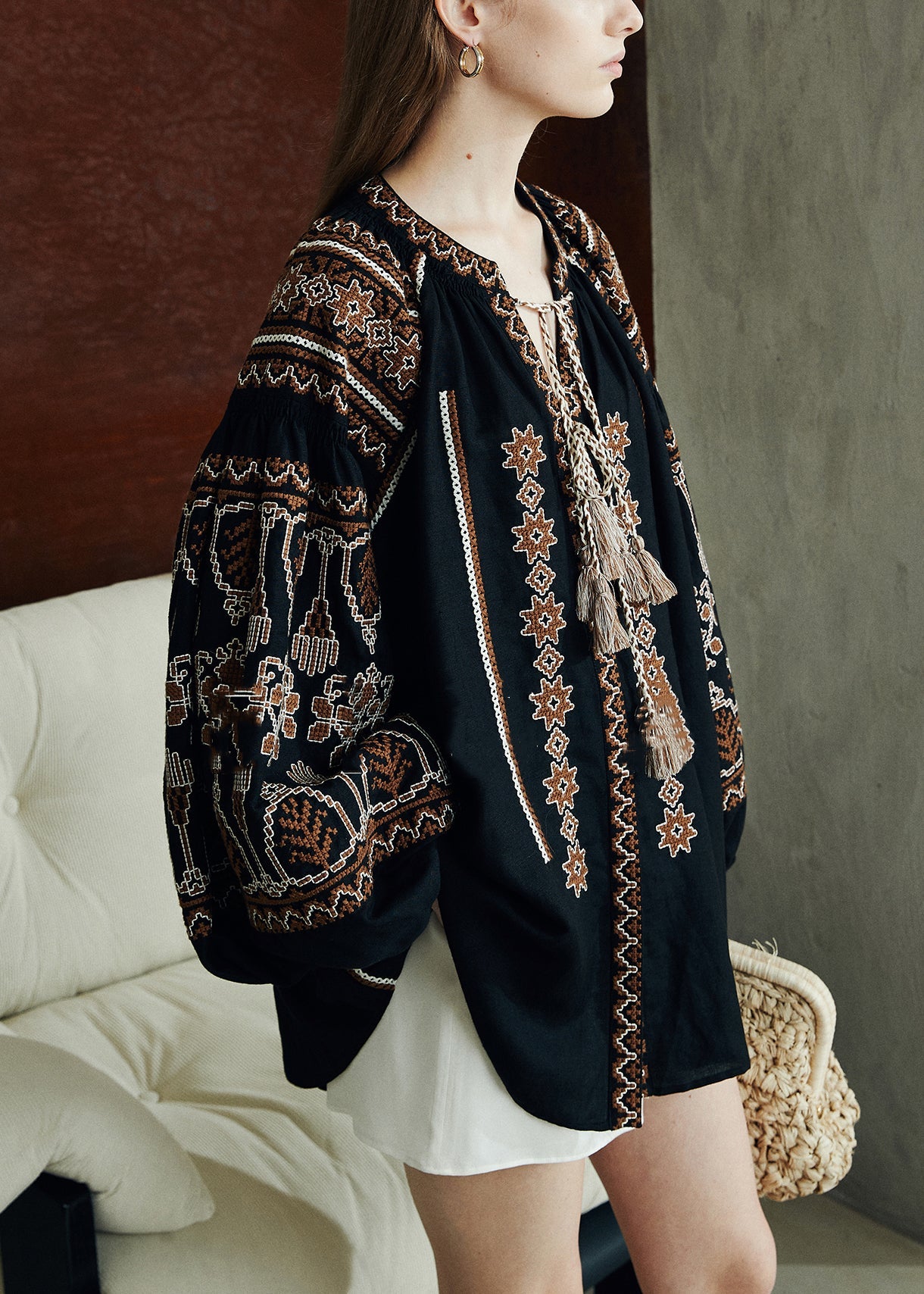 Loose Black Printing Patchwork Linen Shirts Puff Sleeve