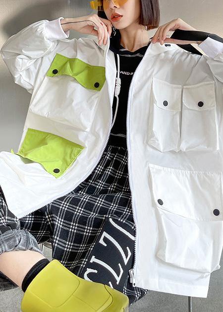 Spring Unique White Colorblock Pockets Zippered Hooded Cotton Jacket