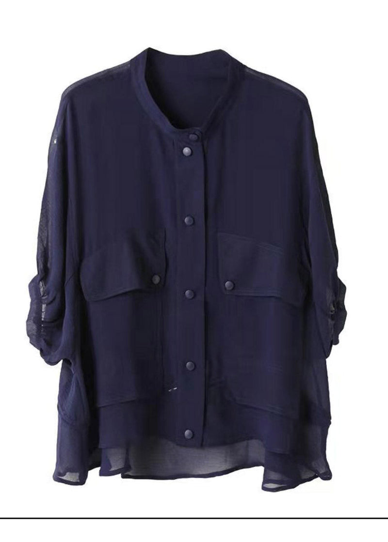 Blue Stand Collar Pockets Button Chiffon Upf 50+ Coats Lantern Sleeve