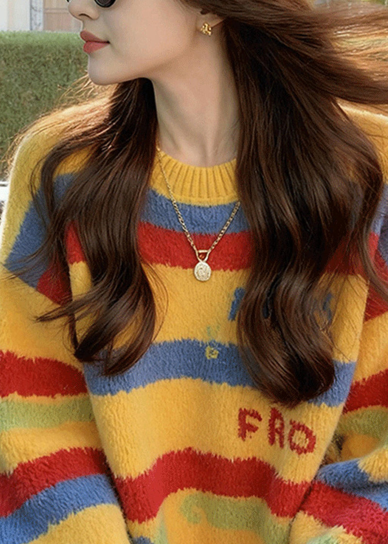 Loose Rainbow Striped Thick Cotton Knit Sweater Fall