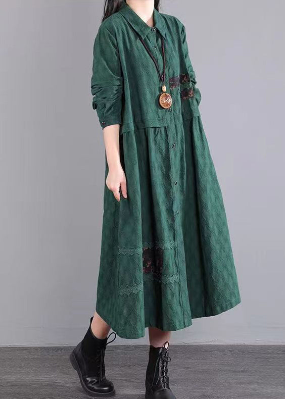 Blackish Green Pockets Patchwork Cotton Shirts Dresses Fall