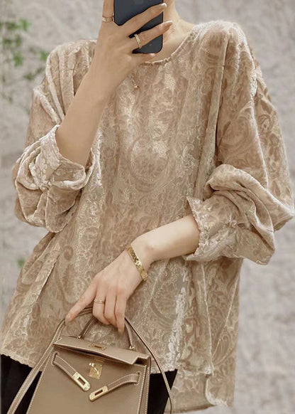 Jacquard Khaki O Neck Patchwork Silk Velour Shirt Fall