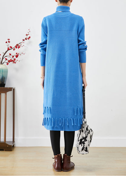 Blue Turtle Neck Tasseled Knitted Dress Fall
