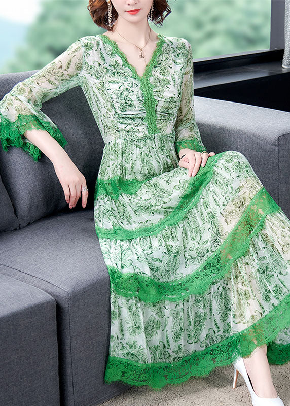 Unique Green V Neck Print Lace Dress Spring