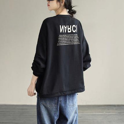 Organic Drawstring Cotton Alphabet Prints Top Silhouette Sleeve Black Sweatshirt