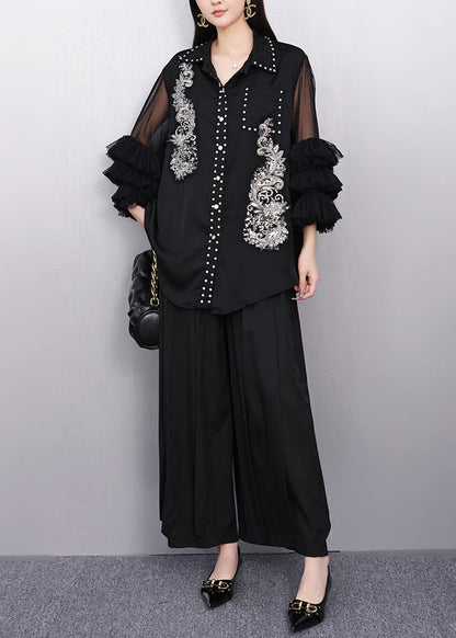 Black Rhinestone Hollow Out Chiffon Blouse Tops Flare Sleeve