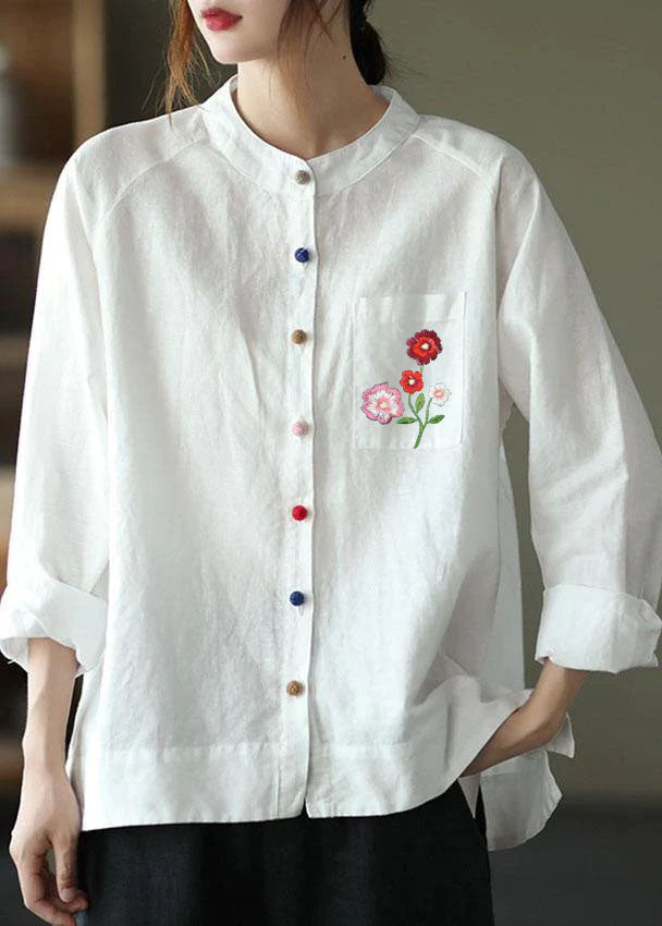 Modern White-purple Flower Loose Patchwork Pockets Spring Long Sleeve Blouse Top