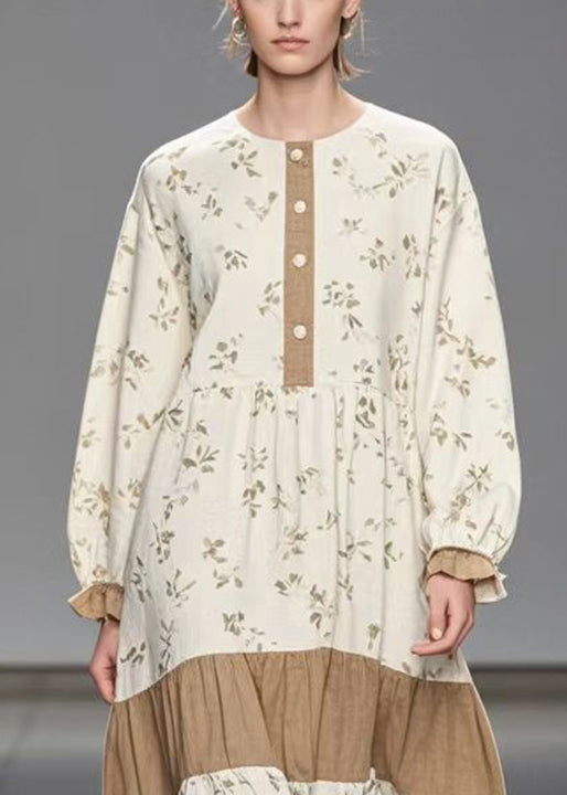 Fitted White Oversized Patchwork Print Velour Long Dresses Spring