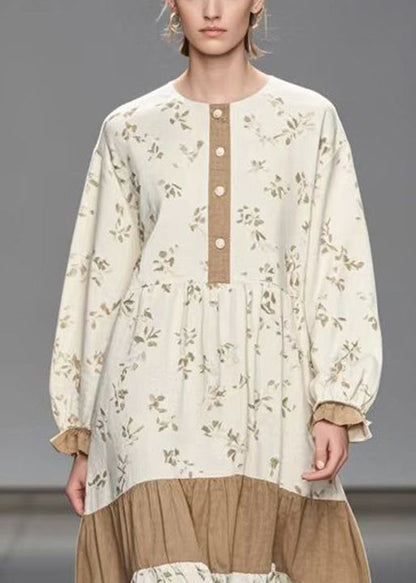 Fitted White Oversized Patchwork Print Velour Long Dresses Spring