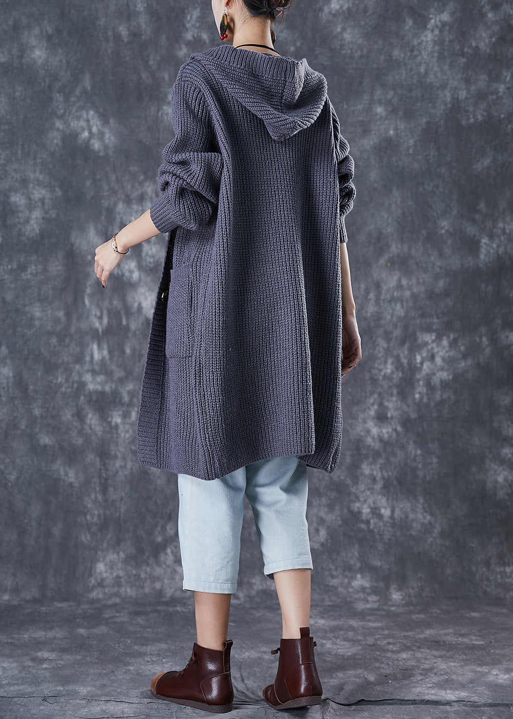 Grey Hooded Oversized Knit Cardigan Fall
