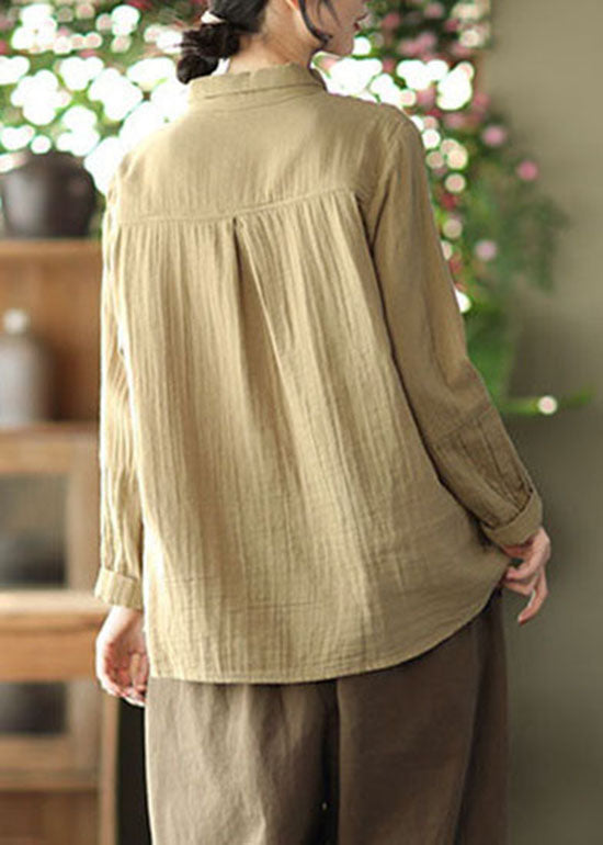 Khaki Peter Pan Collar Wrinkled Cotton Shirt Spring