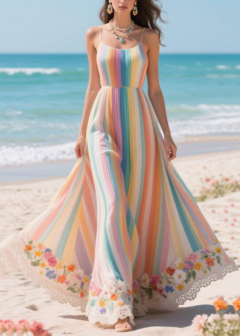 Rainbow Striped Patchwork Exra Large Hem Chiffon Holiday Dresses Summer
