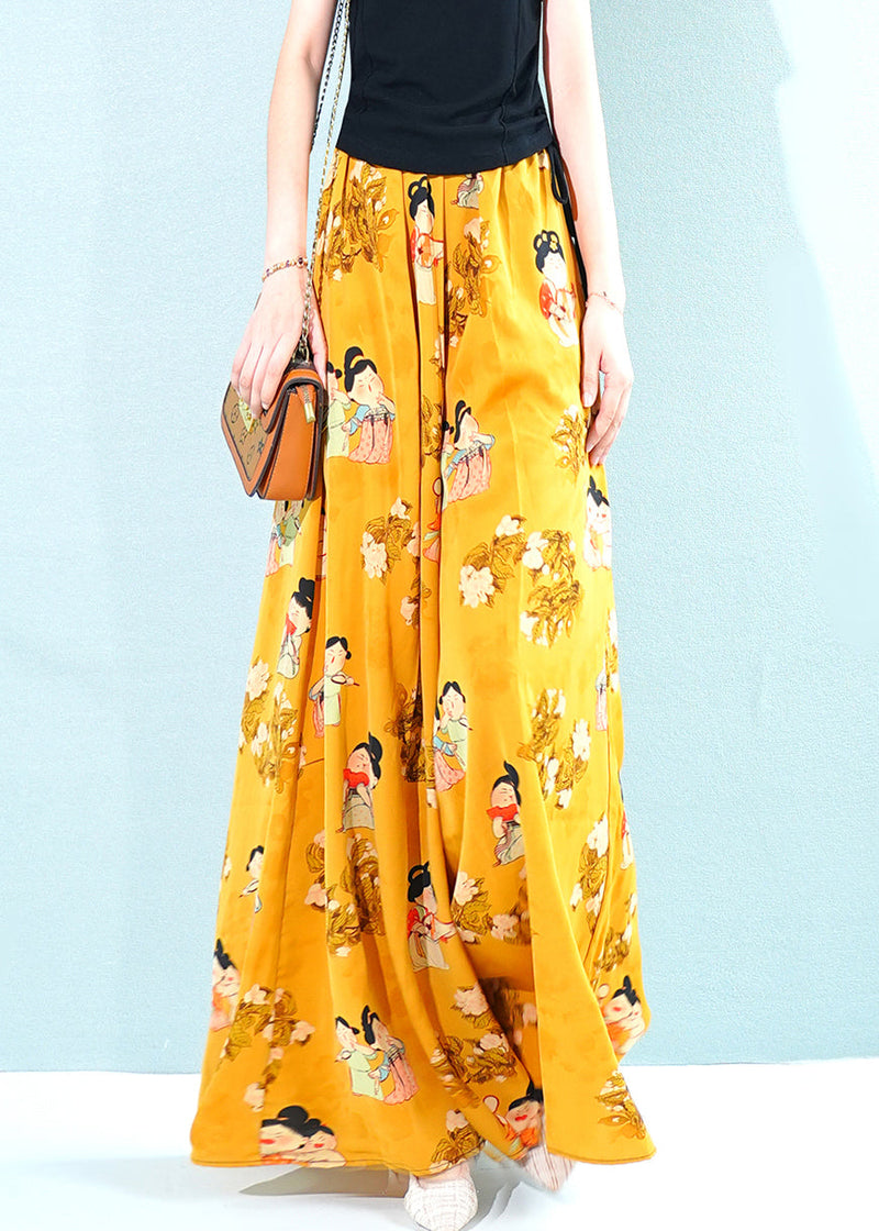 Yellow Print Pockets Oversized Chiffon Pants Skirt Summer
