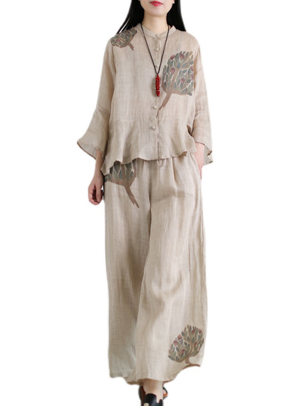 Apricot Pocket Linen Tops and Wide Leg Pants Two Piece Set Clothing Ruffles Flare Sleeve