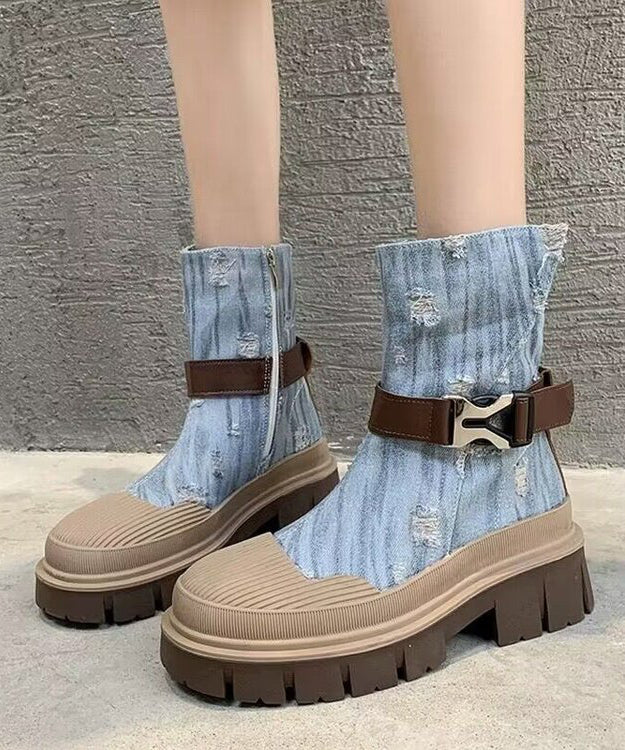 British Style Light Blue Platform Thin Denim Martin Boots for
