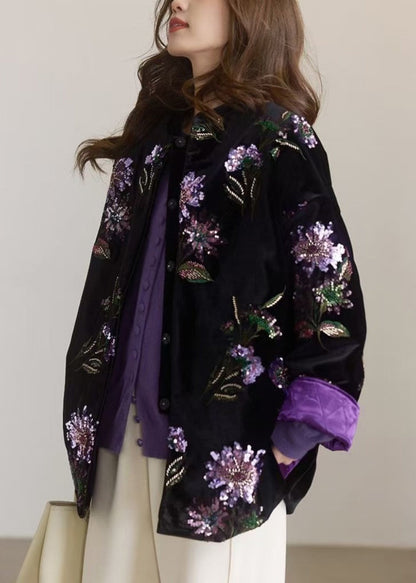 Chinese Style Black Embroidered Sequins Fine Cotton Filled Coat Spring