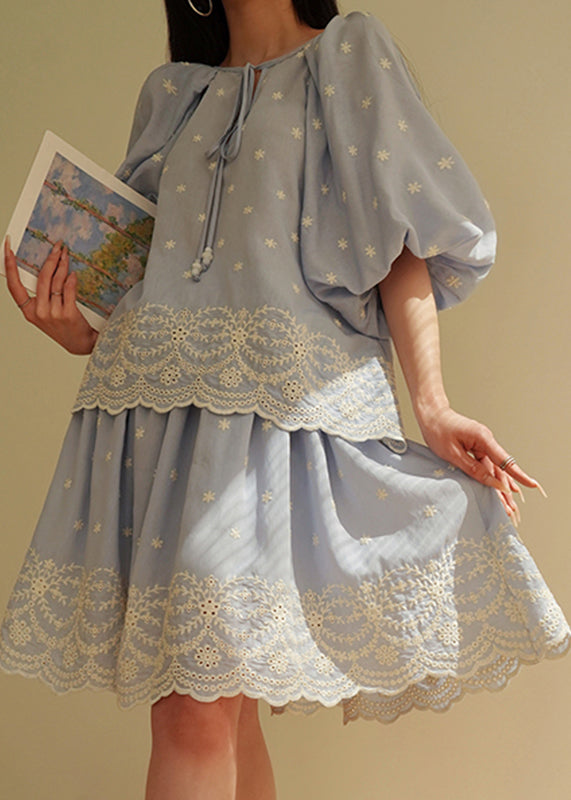 Blue Embroidered Patchwork Top and Skirts Two Pieces Set Lantern Sleeve