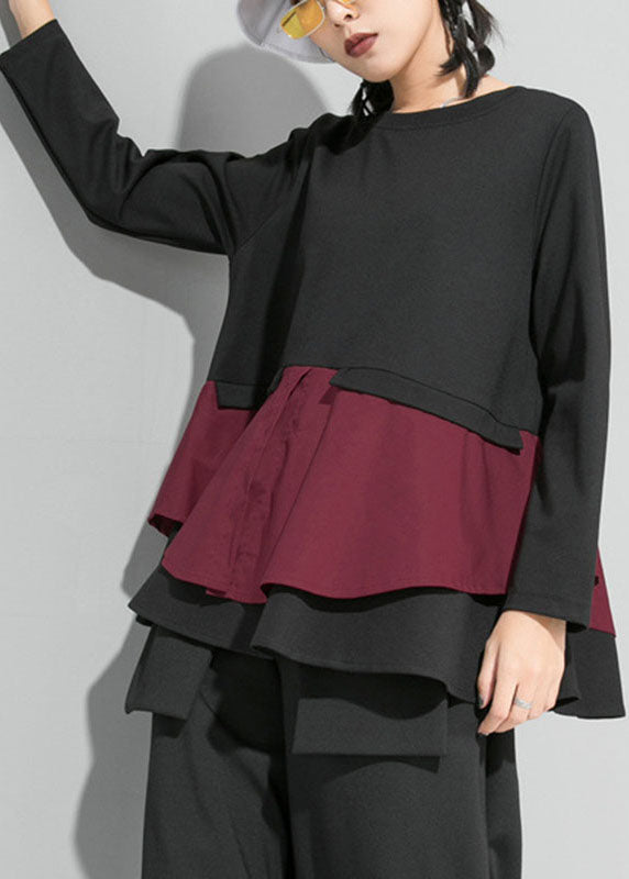 Organic Mulberry O-neck Patchwork Ruffles Fall Top Long Sleeve