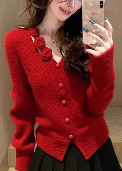 Organic Red Button Cotton Knit Sweater Spring
