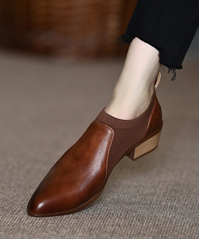 Cowhide Leather Splicing Brown Penny Chunky Loafers Pointed Toe