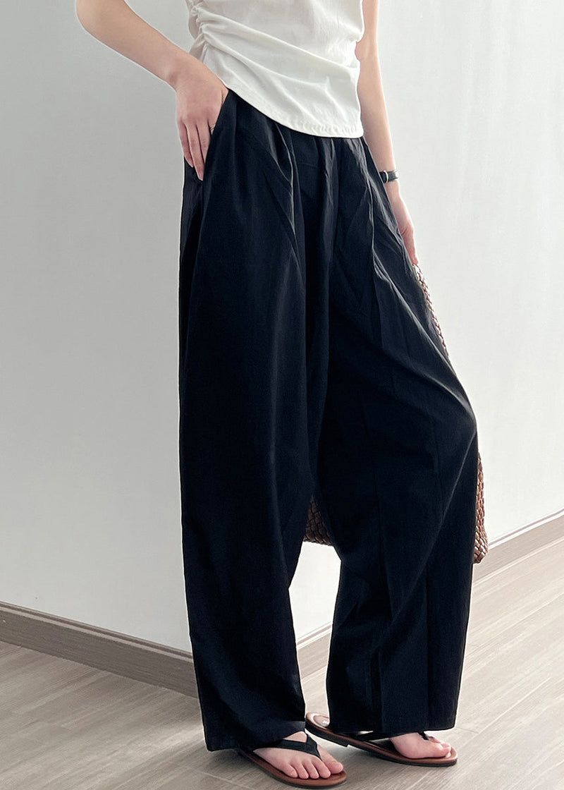 Black Pockets Cotton Wide Leg Pants Elastic Waist Wrinkled Fall