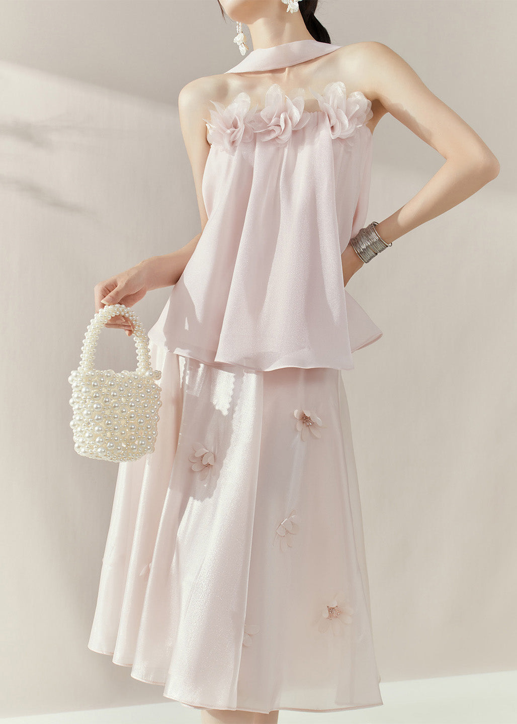 French Pink Patchwork Topand Maxi Skirts Two Piece Set Sleeveless