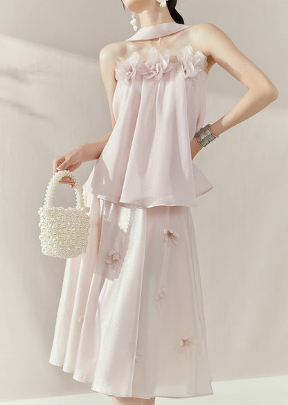 French Pink Patchwork Topand Maxi Skirts Two Piece Set Sleeveless