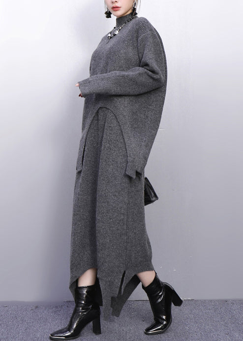 Grey High Neck Side Open Knit Two Pieces Set Winter