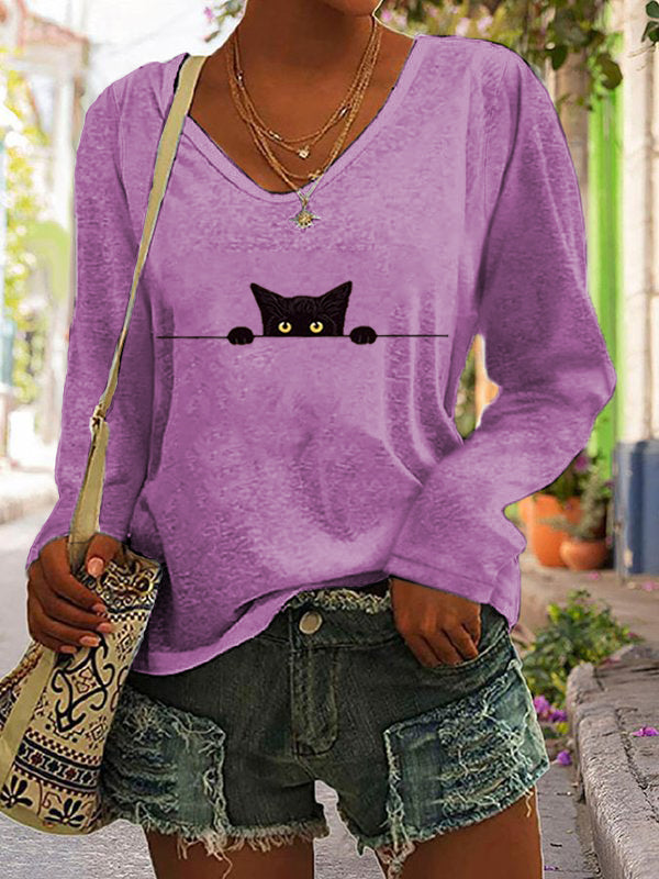 Women's Casual Funny Black Cat Print T-shirt elevenforest