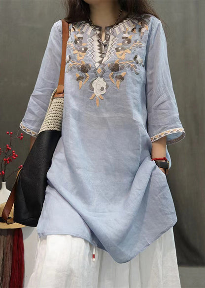 New Black Embroidered Side Open Linen Shirts Half Sleeve