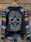 Comstylish Floral Sugar Skull Embroidered Mexican Stripes Cozy Sweatshirt