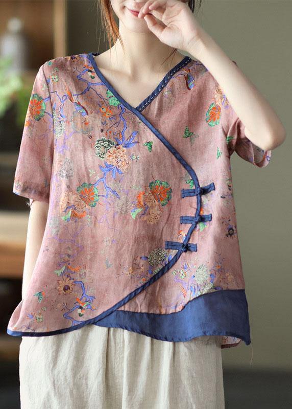 Simple Dark Blue Print Ramie Oriental Summer Tops
