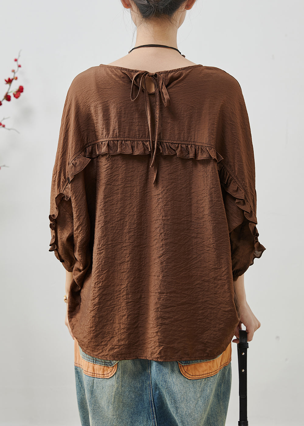 Chocolate Ruffles Cotton Loose Tops Batwing Sleeve